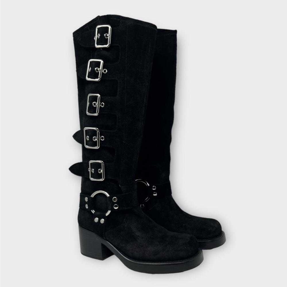 Jeffrey Campbell Trouble Buckle Black Suede Moto Boot Size 8.5